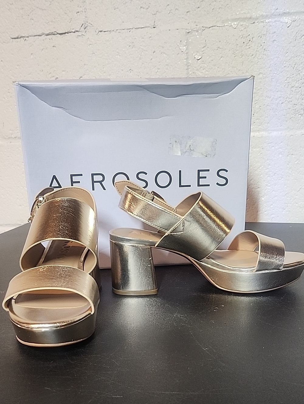 AEROSOLES Metallic Gold Block Heel Sandals